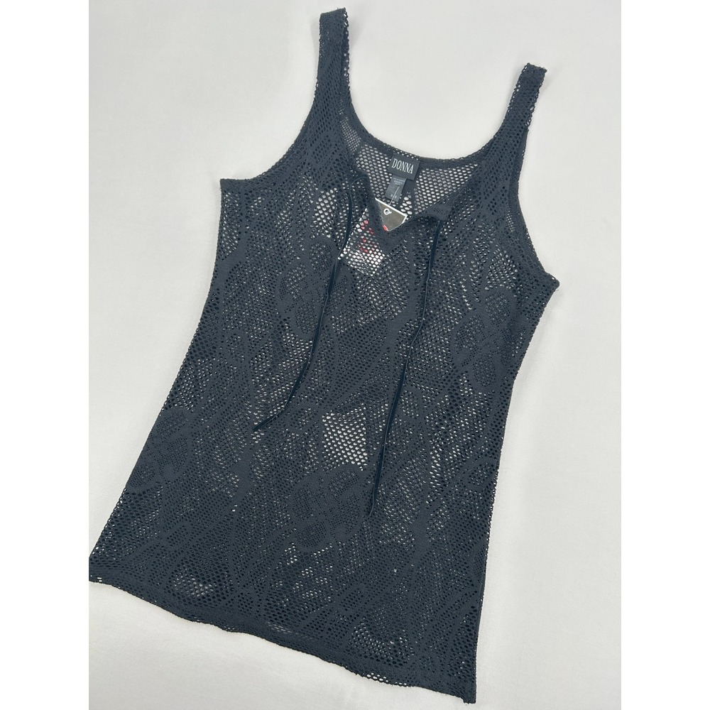 Donna Black Crochet Knit Lace Up Front Tank Top Floral Mesh Cover Up Medium - Picture 5 of 11